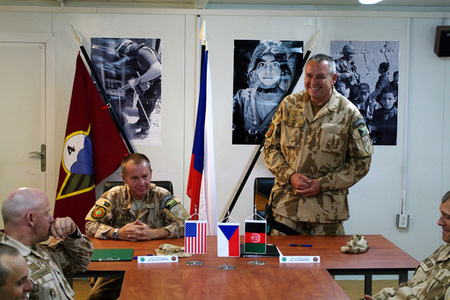 Commander of the 10th ACR Unit PRT Logar Colonel Josef Kopecky speaks to the staff