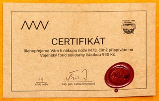 990 korun z každého prodaného nože, celkem 40 tisíc od ANV Knives pro Vojenský fond solidarity