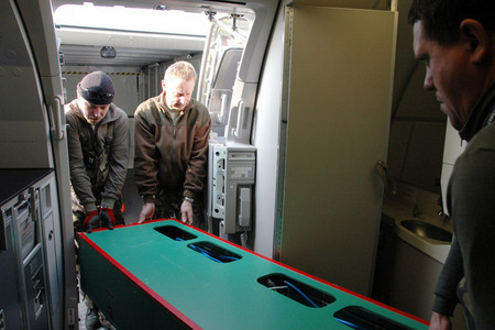 Bed for the seriously injured has three parts, the lowest one is for oxygen cylinders