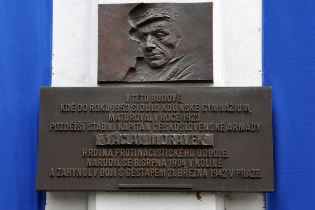 Memorial plaque of Vaclav Moravek at the building of the Commerce Academy in his native Kolin is from 11th September 2004